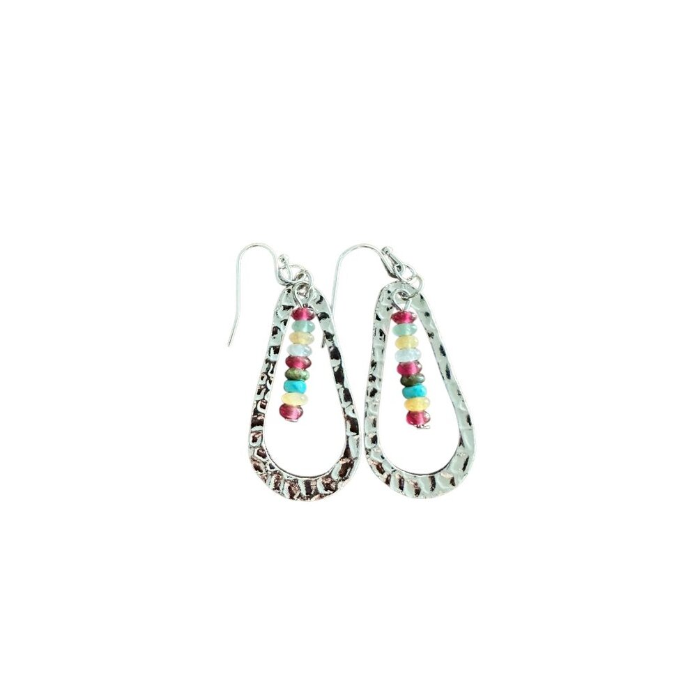 New Hammered Silver Teardrop Earrings With Colorful Beaded Accents & Fishhook Ba